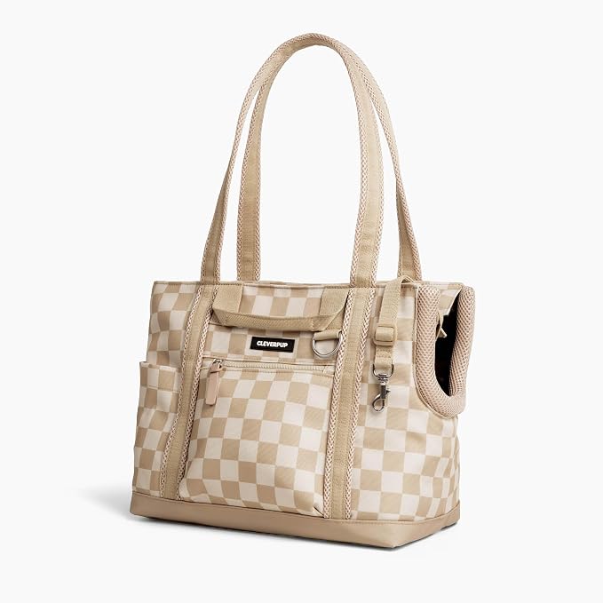 Cleverpup Transit Tote Dog Carrier for Small Dogs Under 8 lbs, 16x11x8 Soft-Sided 4-Pc Set with Waterproof Base, Plush Insert, Food Pouch, Mesh Head Opening - Small, Checkerboard - Image 9