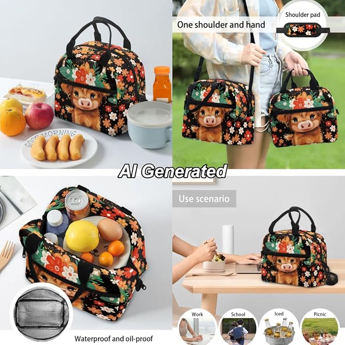 Cow Girls Backpacks for Elementary School Cute Floral Bookbag for Kids 3 Piece School Bag Set with Lunch Box and Pencil Bag Aesthetic for Boys - Image 4