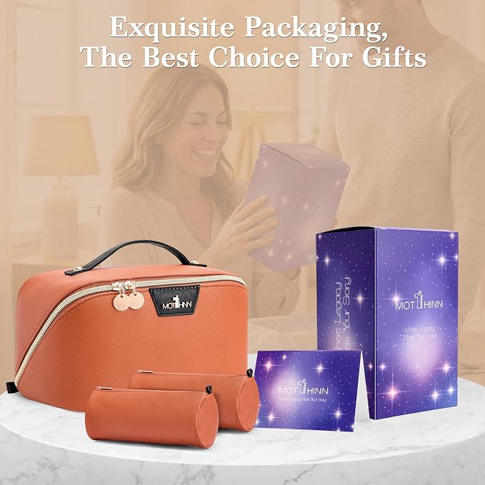 Travel Makeup Bag for Women: 3-in-1 Large Capacity Cosmetics Organizer with 2 Detachable Pouch - Vegan Leather Flat Open Toiletry Bag - Travel Essentials for Full-Sized Bottles(Orange) - Image 7