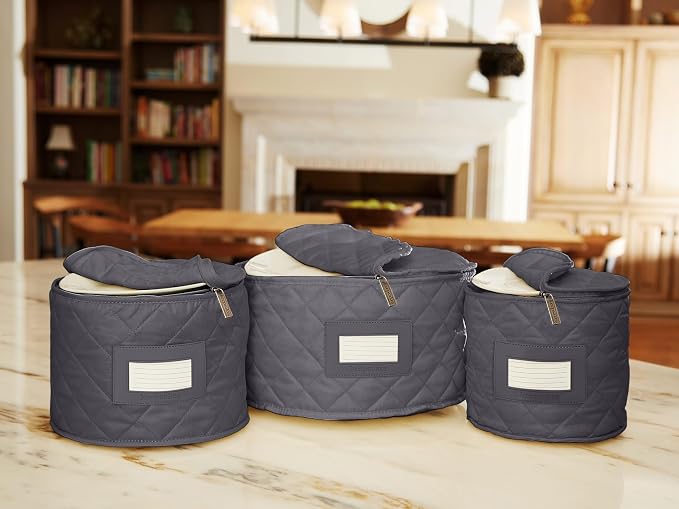 Covermates Keepsakes Dish Storage Set – Padded China & Dinnerware Storage Cases with Dividers, Cup & Stemware Storage, Quilted Polyester Protection, ID Window, Slate - Image 6