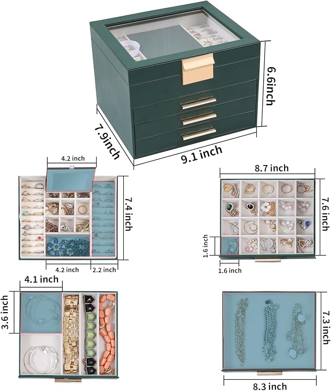 BOOVO Clear Lid Jewelry Box,3 Layers Jewelry Organizer Large Jewelry Storage Box with 2 Drawers,Jewelry Holder Organzier of Rings Earrings Necklace Bracelets for Women (Dark Green, 4 Layer) - Image 4