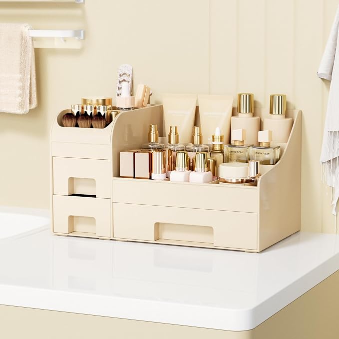 Makeup Organizer with Drawers,Large Cosmetic Storage Box,Countertop Skincare Organizer,ABS Makeup Brush Holder for Bathroom,Desk,Dresser,Multifunctional Beauty Display Case,Cream - Image 2