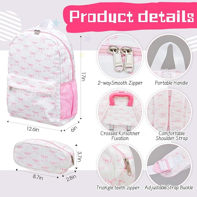 Redbaker 6 Pcs Kids Luggage Set, 17 Inch Rolling Suitcase with Backpack Lunch Bag Neck Pillow, Pink Bow Travel Set for Summer Vacation Sleepover Back to School Gift - Image 4