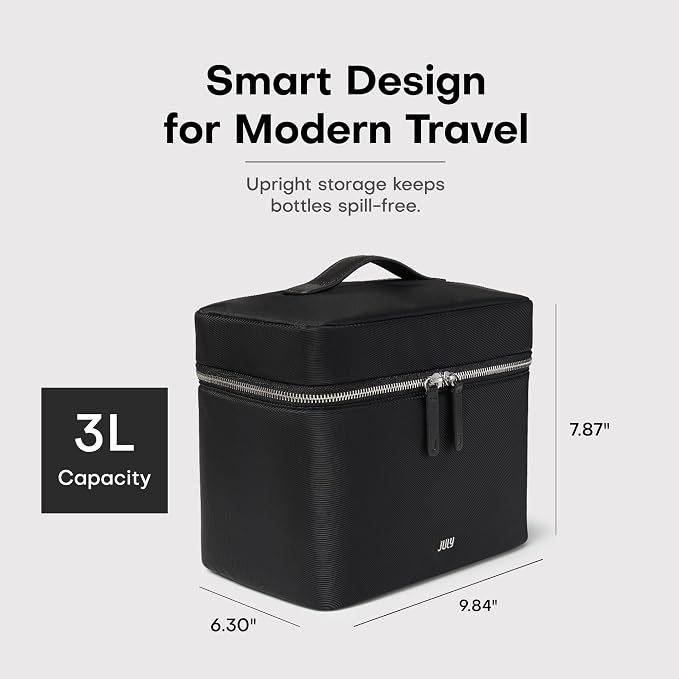 July Vanity Cosmetic Case - Stylish Travel Makeup Bag for Women with Removable Wet Pouch, Upright Bottle Design, Clear Top Pocket, Leather Handle, Travel Essentials, Toiletry Organizer - Black - Image 3