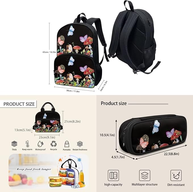 Retro Butterfly Mushroom Backpack Set for Girls Kids Lightweight Cute School Backpack with Lunch Box Pencil Case Adjustable Strap Padded Book Bag Insulated Lunch Bag - Image 4