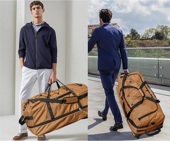 Bagenerous 110L/140L Expandable Soft-Sided Foldable Duffle Bag with 2 Rubber Wheels,Packable 32” Rolling Carry-On with Multi-Pockets & Compartments,Coffee - Image 7
