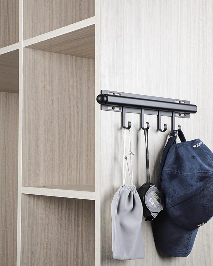 BaiNong Valet Rod for Closets Pull Out 12" Black with 4 Hooks | Closet Valet Rod Slide Out for Closets, Laundry Rooms, RVs Space-Saving - Image 7