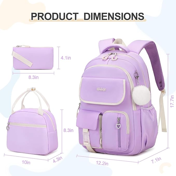 DIGOBAY Backpacks for Girls, 3PCS School Backpack with Lunch Box Pencil Pouch for Teen Girls Kids Elementary Primary Middle High College Daypack School bag Bookbag Set（Purple） - Image 2