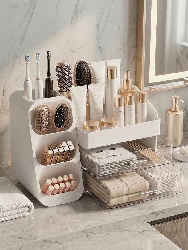 Booklov Large Makeup Organizer for Vanity and Bathroom Countertop, White | Clear Acrylic Cosmetic Display Case, Beauty Brush Holder for Dresser Counter, Storage Skincare Eyeshadow Lipstick Perfume - Image 4
