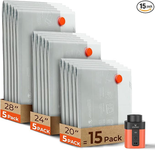 ETENWOLF 15 Pack Reusable Vacuum Storage Bags for Travel with Rechargeable Air Pump,Vacuum Compression Packing Seal for Clothes, Blankets, Seasonal Storage,Carry-On Space Saver Bags in 3 Sizes by ETENWOLF