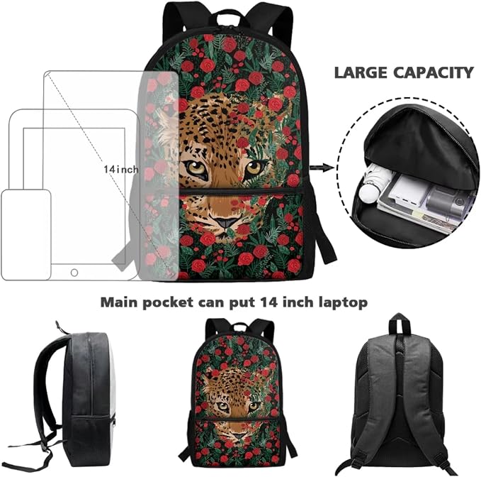 Rose Floral Leopard Print Backpack Set for Student Schoolbag Large Capacity Bookbag Lunch Box Pencil Case 17 Inch Travel Laptop Backpacks Lightweight Rucksack Daypack for Outdoor - Image 3