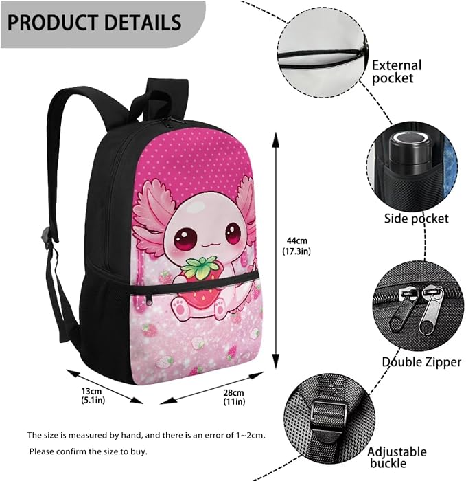 Strawberry Axolotl Kids 4-in-1 Backpack Set, Complete School Essentials – 17'' Bookbag + Insulated Lunch Box + Pencil Case, Lightweight Cute School Bag for Girls Age 6-12, Polka Dot - Image 3