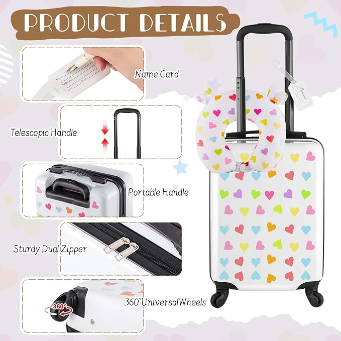 Sanwuta 4 Pcs Kids Luggage Set Back to School Gifts for Girls Boys Carry On Rolling Suitcase Backpack Neck Pillow Travel Set(20 Inch,Heart Style,White) - Image 5