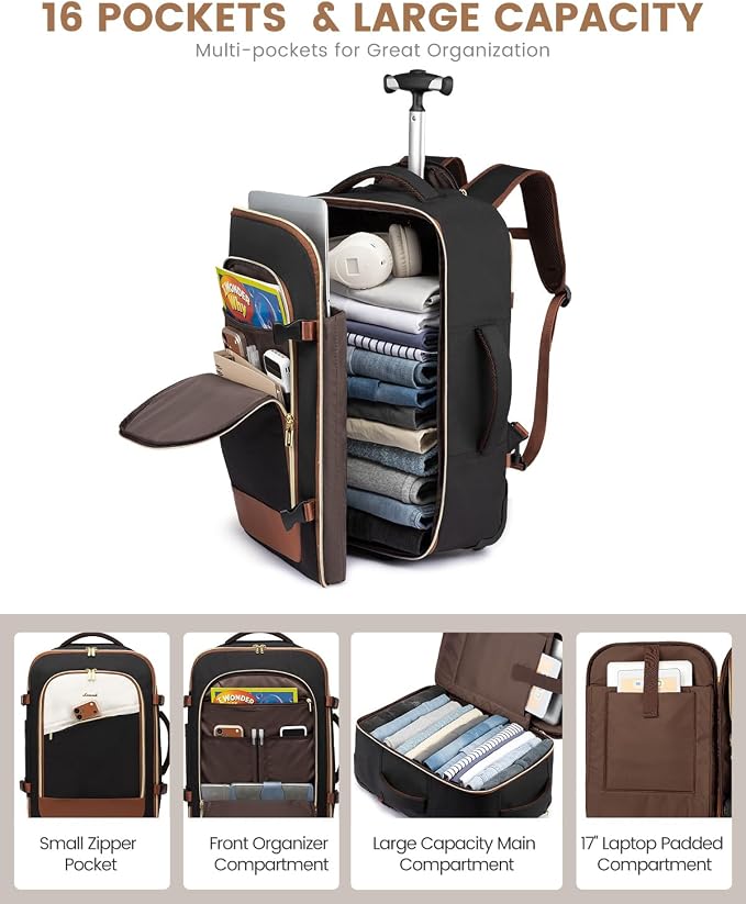 LOVEVOOK Rolling Backpack with Wheels, Carry On Luggage for Women Men, 17 Inch Wheeled Travel Backpack 57L Water Resistant, Flight Approved Underseat Luggage Trolley Bag for Business Overnight - Image 4
