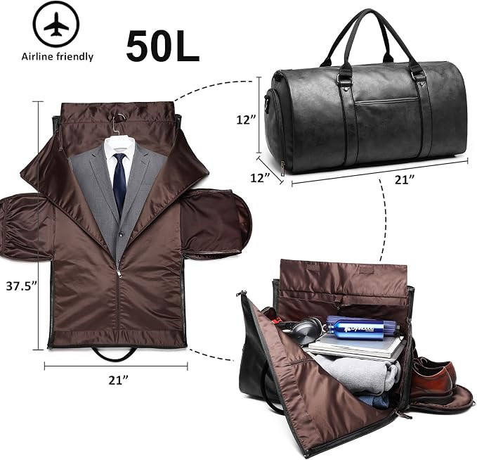 Carry on Garment Bags for Travel Leather Garment Duffle Bag Convertible Mens Suit Travel Bags with Shoe Compartment,Waterproof,Perfect for Business Travel/Husband Gifts (Black) - Image 2