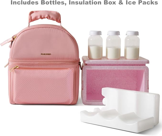 SUNVENO Breast Milk Cooler Bag with Detachable Insulation Box, Double-Layer Pumping Travel Bag for Work & Daycare, Fits Bottles, Ice Packs and Pump Parts,Pink - Image 3