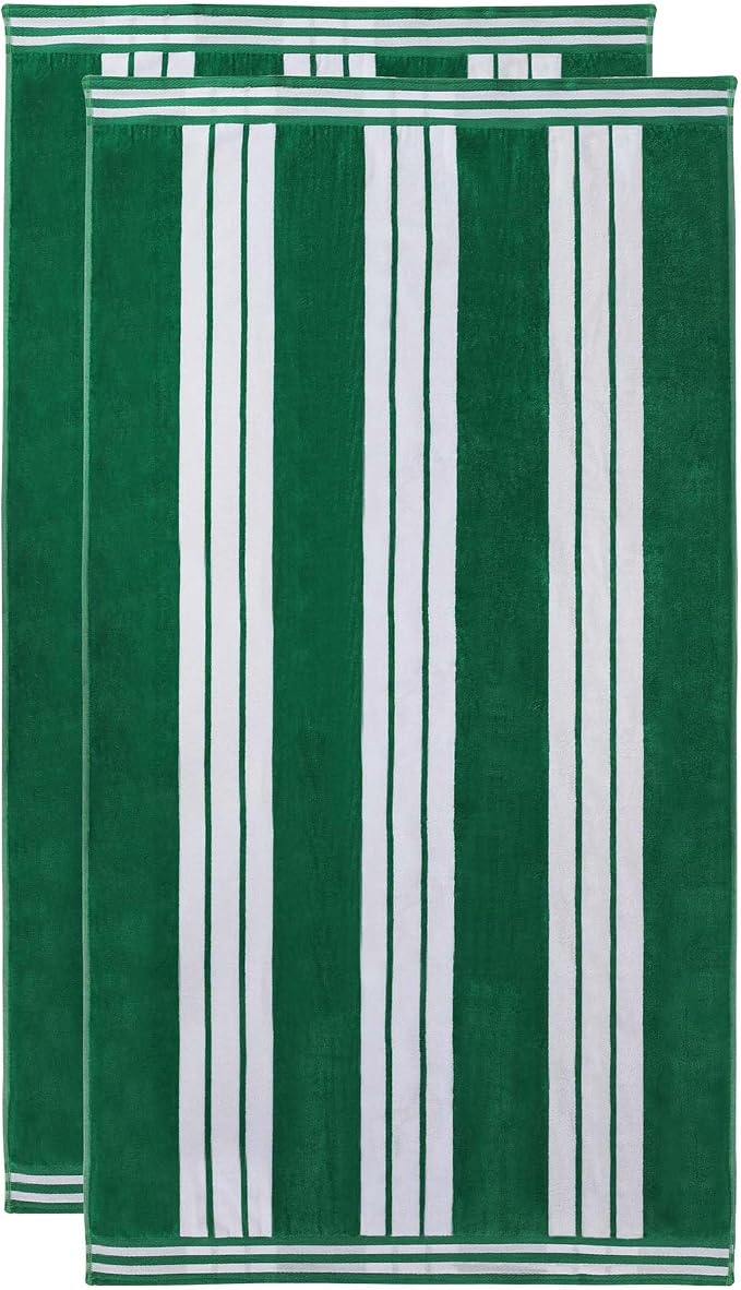 Superior Oversized Cotton Beach Towel Set of 2, Absorbent Towels for Bathroom, Pool, Swim, Adults, Kids, Vacation, Travel, Bath, Quick Dry Basics, Trip Essentials, Striped Decor, Dark Green - Image 2