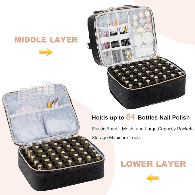 Uross Nail Polish Organizer Bag Holds 84 Bottles Nail Polish & Nail Lamp, Gel Nail Polish Organizers and Storage box for Nail Tech, Nail Kit Supplies Organizer Case-Black - Image 3