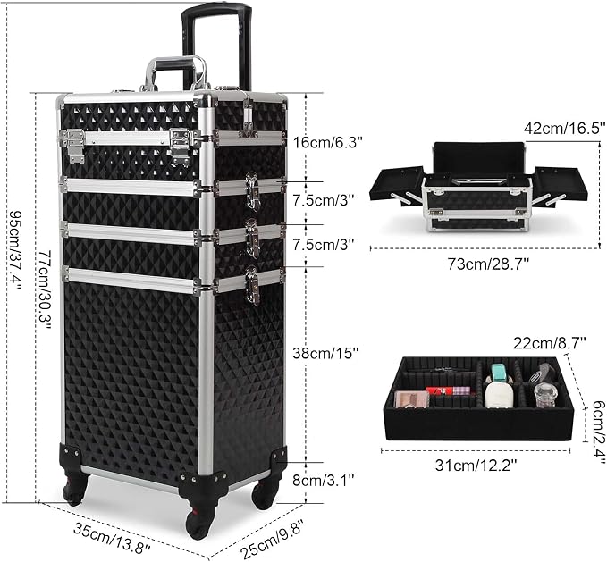 4 in 1 Professional Makeup Train Cases Large Storage Cosmetic Case 4 Wheels Lockable Rolling Makeup Trolley Diamond Surface (BLACK) - Image 7