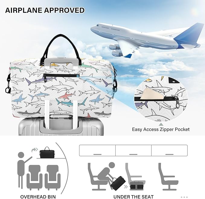 Weekender Bags Travel Duffel Gym Bag Carry on Overnight Tote Bag with Toiletry Bag for Airplane Travel Trip Gym Yoga (Drawing Sharks 2) - Image 5