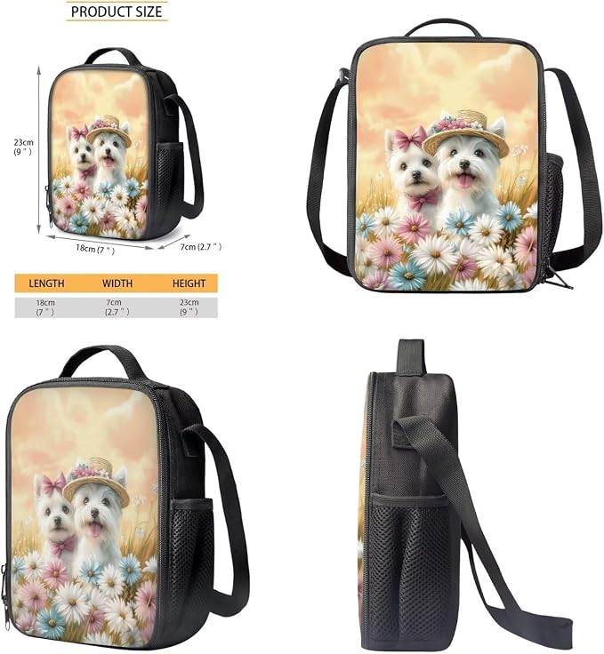 Westie Dog Daisy Flower Print Durable Backpack Set for Boys and Girls, Large Lightweight Schoolbag Set with Lunch Bag Pen Bag, Suitable for Elementary and Middle School Students - Image 6