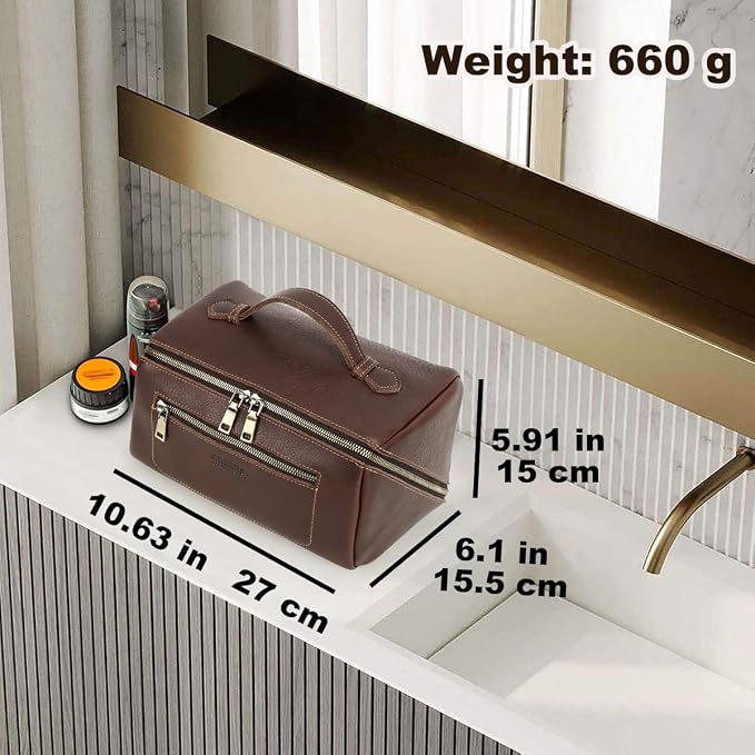 CONTACTS Full Grain Leather Travel Toiletry Bag for Men Large Wash Bag with Handle Bathroom Shaving Dopp Kit Toiletries Organizer Vintage Cosmetic Bag - Image 3