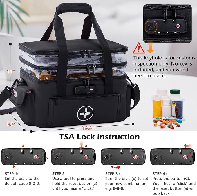 BAGSFY 3-Tier Medicine Organizer with Combination Lock – Large Medicine Bag, Empty First Aid Kit Case, Pill Bottle Medical Supply Organizer, Travel Prescription Bag, Medication Storage Container - Image 2