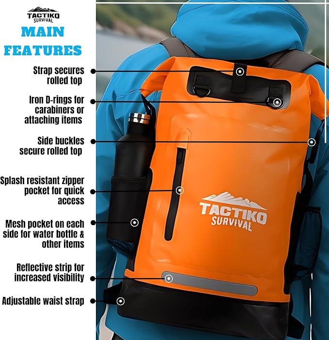 Tactiko Survival 35L Heavy-Duty 100% Waterproof Backpack | Roll Top Dry Bag - Image 6