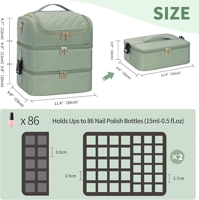 Extra Large Nail Polish Organizer - Three Layer Nail Organizers And Storage Bag, Portable Nail Supplies Organizer Case, Nail Tech Kit Travel Carrying Box with Shoulder Strap (Green, 86 Slots) - Image 7