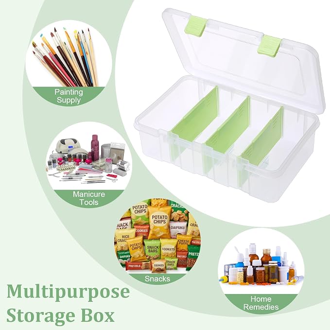 BTSKY Clear Plastic Dividing Storage Box with 4 Compartments Adjustable Storage Bin with Lid Plastic Craft Storage Container Multipurpose Sewing Box Art Supply Organizer, 13.3x8.1x3.4 Inches, Green - Image 7