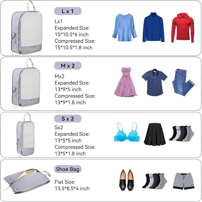 Voova 6 Set Compression Packing Cubes, Travel Accessories Expandable Packing Organizer Bags Set for Carry on Suitcase, Durable Luggage Packing Cubes for Travel Essentials,Grey - Image 2