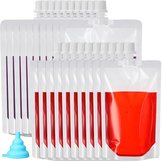 Patelai 150 Pieces Plastic Liquid Pouch Reusable Juice Pouches Travel Water Leak Proof Bags Bulk with Collapsible Silicone Funnel for Travel Outdoor (8 Oz,16 oz) by Patelai