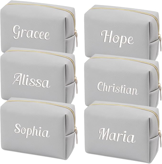 GOPHIE Cusotom Embroidery Travel Makeup Bag Organizer,Cosmetic Bags for Women,Gift For Bachelorette Party,Set of 6,Gray by GOPHIE