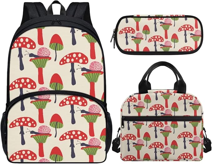 Beige Red Mushroom Backpack with Lunch Box and Pencil Case Girls Comfy Padded Cute School Backpack Set of 3 Bookbag for Student Lightweight Large Capacity Daypack - Image 2