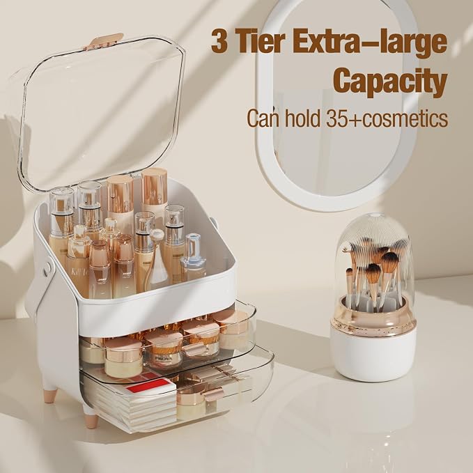 Makeup Organizer Countertop & 360° Rotating Makeup Brush Holder, Skincare Holder with Lid and Drawers, Storage Box Cosmetic Display Cases, Teen Girl Gifts, Vanity, Bathroom Counter,Rose Gold - Image 2