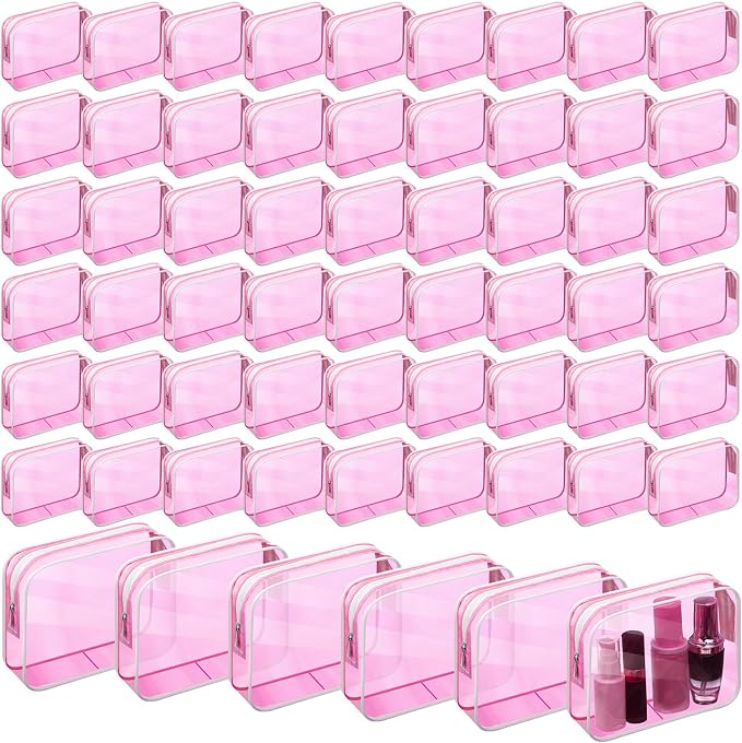 60 Pcs Clear Makeup Bags Bulk Travel Toiletry Bag 7 x 5.5 x 1.6 Inch PVC Zipper Pouch Waterproof Plastic Cosmetic Case Portable Organizer for Women Summer Bathroom (Fluorescent Pink) by Cunno