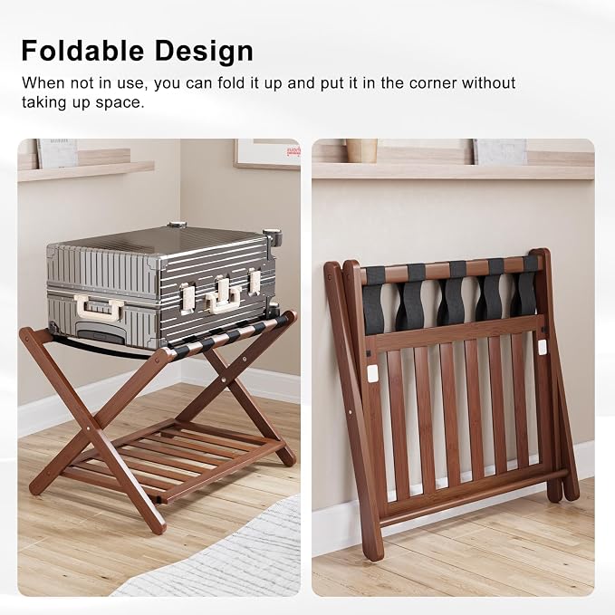 Smuxee Fully Assembled Walnut Luggage Rack, Upgraded Bamboo Foldable Suitcase Stand with 5 Nylon Straps, Luggage Holder with Shelf for Guest Room Bedroom Hotel - Image 2