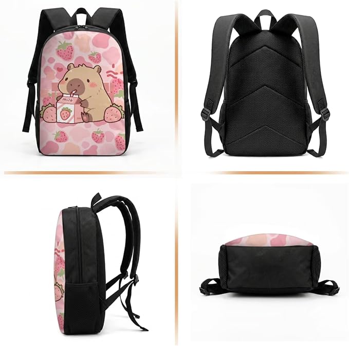 Cute Capybara Backpack for School Girls 2nd Grade : 17in Strawberry Bookbag with Lunch Box - 4 in 1 Cow Print Book Bag - Cowgirl Set for Kids 6-8-10 - Image 2