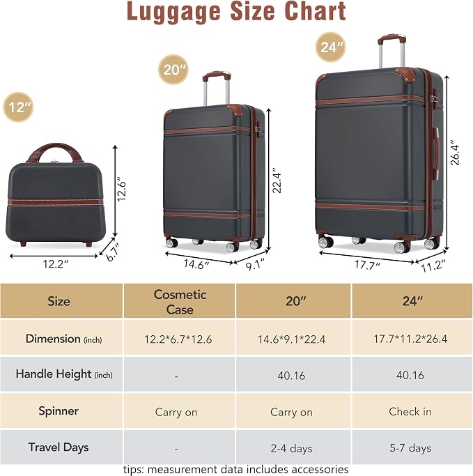 Merax Luggage Set 2 Piece Suitcase Set with Cosmetic Case Expandable Spinner Wheels Vintage Luggage Sets(Black,20"+24") - Image 3