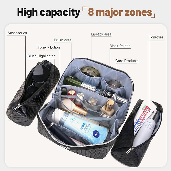 BOYATU Travel Makeup Bags for Women: 3 Pcs Large Make up Bags Set - Vegan Leather Cosmetic Bag for Traveling - Waterproof Toiletry Organizer (L05 Black) - Image 4