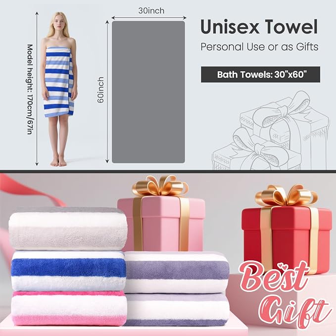 JML Bath Towels Set, Large Microfiber Bath Towel for Body, 2 Pack, 30" x 60", Oversized, Soft, Super Absorbent,Fast Drying, Perfect for Shower, Sauna, Gym, Sports, Fitness, Yoga, Cabana Stripe Blue - Image 2