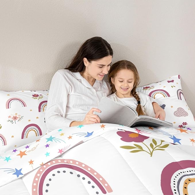 Erosebridal Rainbow Quilt for Kids, Kawaii Flower Comforter Set Cute Butterfly Duvet Insert Queen Size for Girls Boys Children Bedroom Decor, Hand Drawn Iridescent Bedding Set with 2 Pillow Cases - Image 5