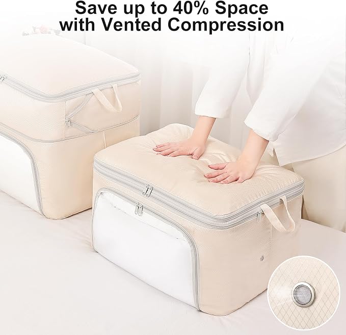 Comforter Storage Bag - Large Capacity Blanket Storage Bags Front-opening Ultra Space Saving Self Compression Organizer, Washable Compression Bags for Storage Comforter Blanket, 2 Pack, Beige - Image 3