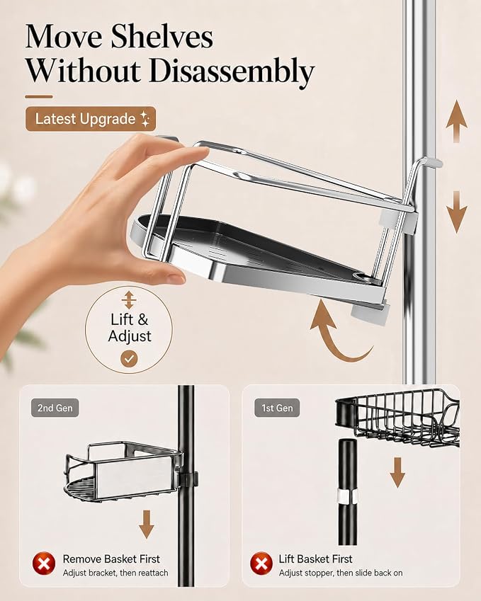 ALLZONE Corner Shower Caddy Tension Pole, 4 Hang-On Basket with Mixed-Height Shelves for Various Bottle Sizes, Extra Hooks & Soap Holder, Rustproof Stainless Steel, Fits 34–116 Inch, Silver/Dark Gray - Image 2