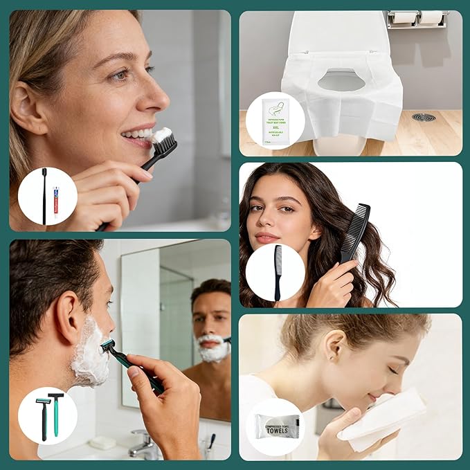 6 Sets Personal Hygiene Kit Bulk, Disposable Toothbrushes with Toothpaste, Comb, Shaving Razor, Face Towel, Cover, and Vanity Kit, Toiletry Kits Homeless Bulk Supplies for Women, Men, Travel, Homeless
