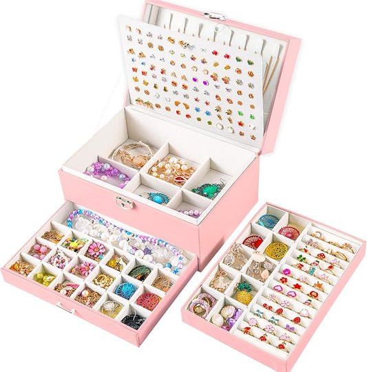 QBestry Earring Jewelry Box for Girls Pink, 5 Layers Jewelry Organizer with Lock Key Jewelry Boxes for Women Necklace and Earring Holder Organizer for Girls Teen Jewelry Box Earrings Case Xmas Gifts by QBestry