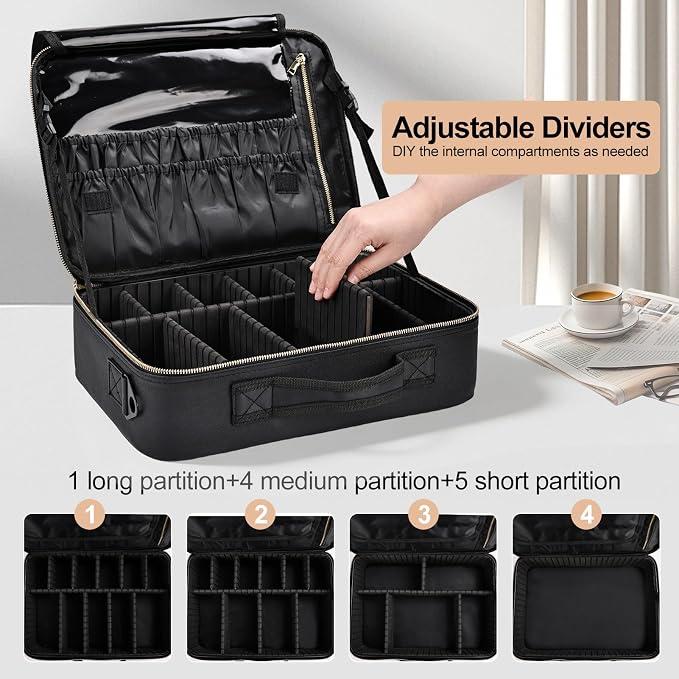 Travel Makeup Bag with Brush Holder, Professional Cosmetic Train Case Organizer, Portable Travel Makeup Brush Carry Case Artist Storage Box with Adjustable Dividers and Shoulder Strap, Leather Black - Image 4