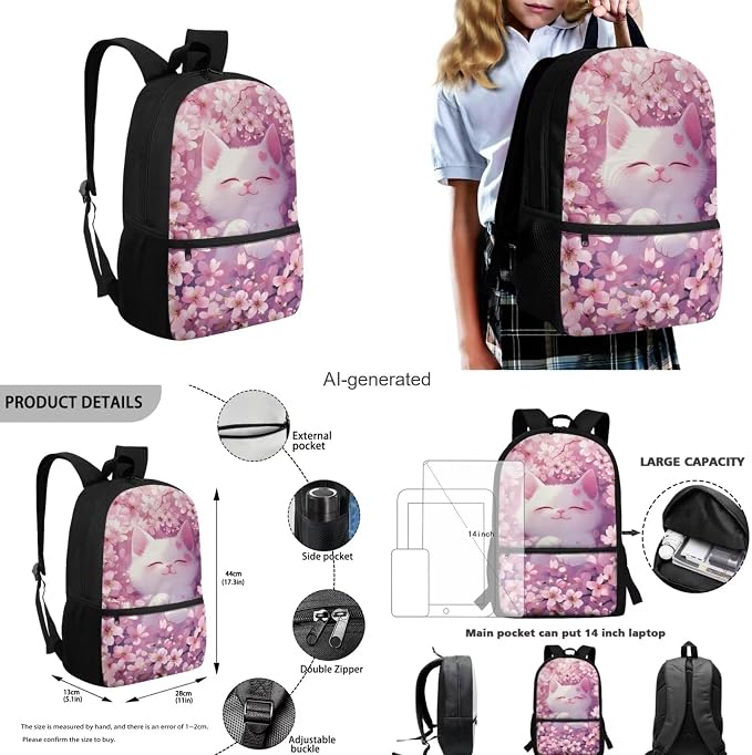 White Cat Backpack with Matching Lunch Box for Girls Kindergarten Elementary School Bag with Pencil Case Lightweight Student Bookbag for Kids Back to School Gift for Students - Image 3