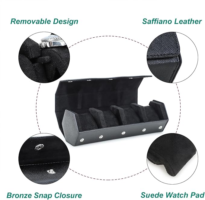 Hiram Genuine Leather Saffiano Leather Watch Roll Travel Case, Leather 4-Watches Roll Case for Treasured Watches and Bracelets(Black) - Image 3