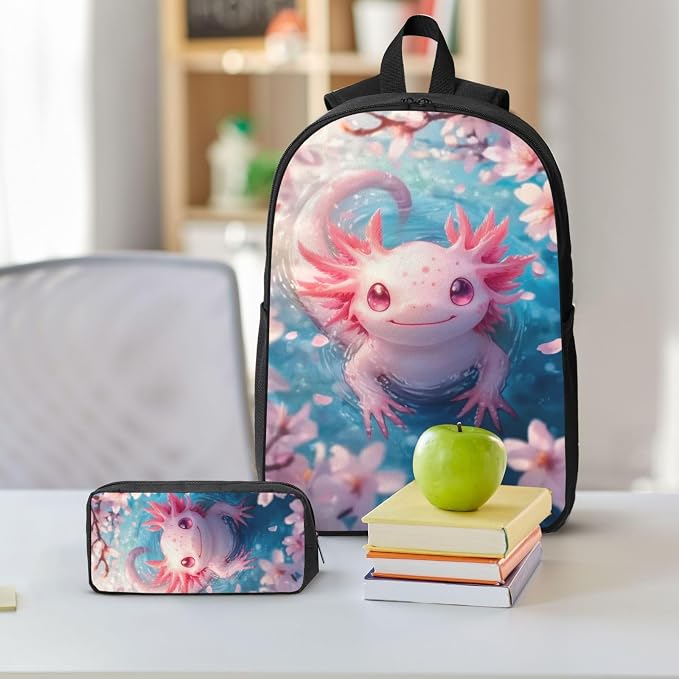 Axolotl Kid Backpack Set with Lunch Bag & Pencil Case Large Capacity School Bag 17 Inch Bookbag for Boy Girl - Image 8